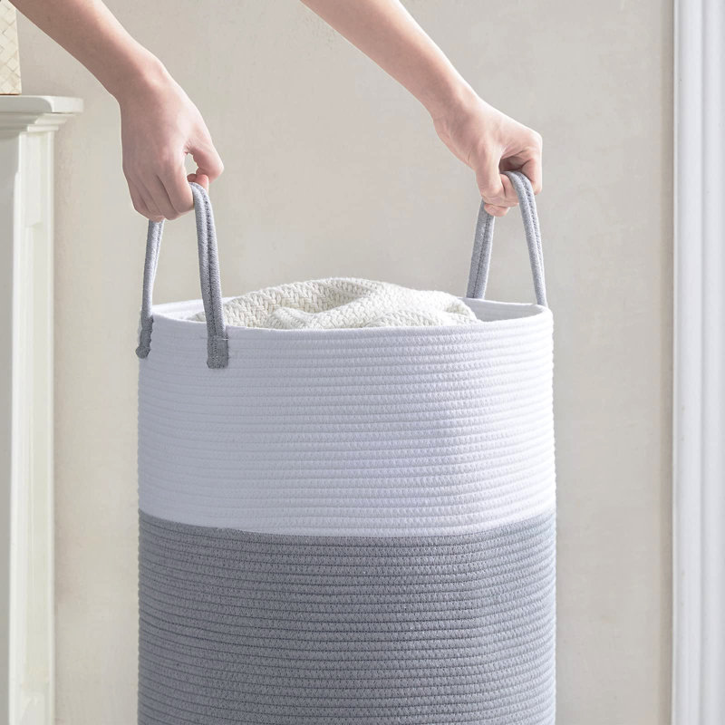 Fabric Laundry Basket with Handles, White/Grey