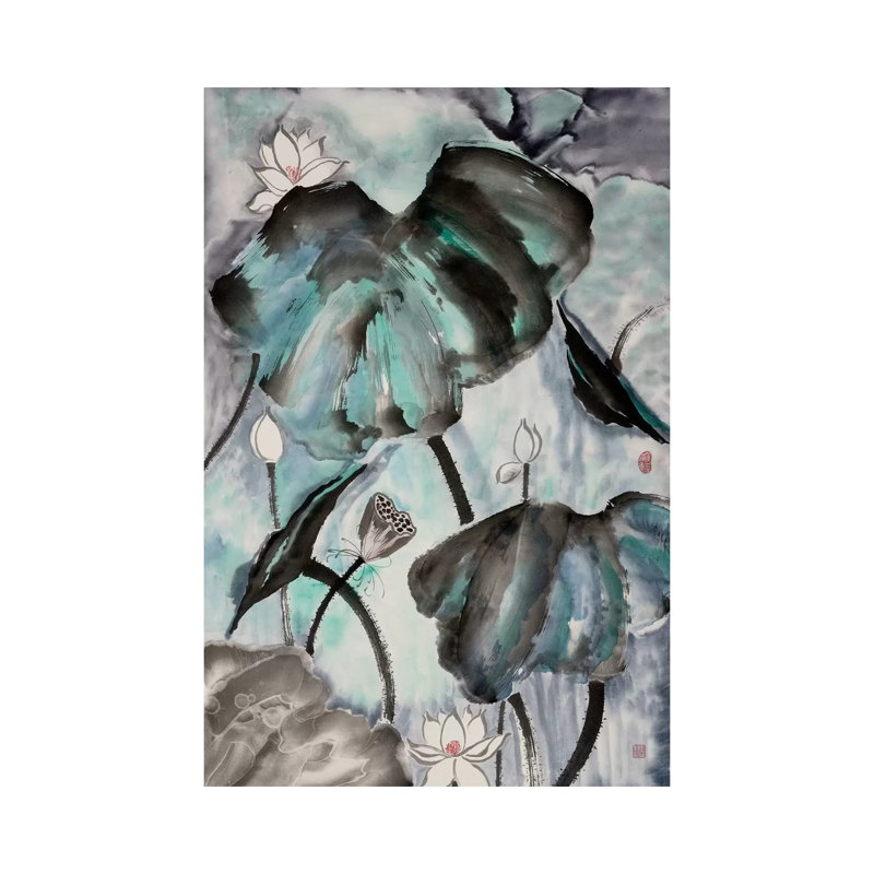 Lotus Study With Blue Green II by Nan Rae - Wrapped Canvas Painting, 20.32 cm H x 30.48 cm W