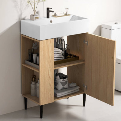 Meuble-lavabo en bois 21,6 po avec lavabo en céramique - Armoire de rangement compacte avec poche ouverte à gauche, porte à fermeture douce et tablette réglable