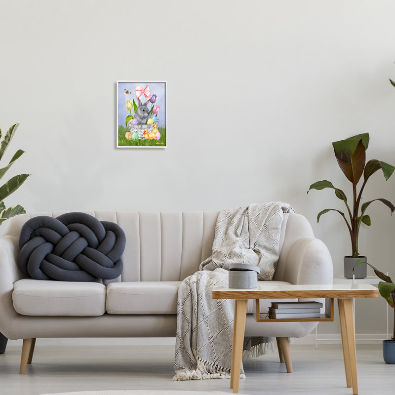Panier de lapin pastel, H 11 po x l 14 po, Giclée encadrée blanc bord de mer