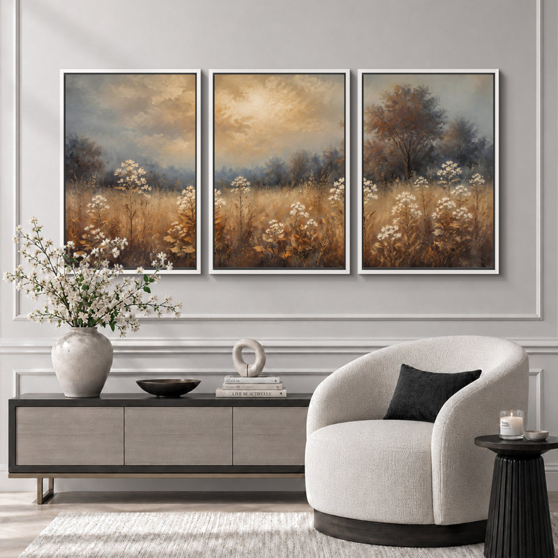Paysage de prairie fleurie mélancolique, tableau pour chambre, impression giclée sur toile encadrée en 3 pièces - 61 x 91 cm (24 x 36 pouces)