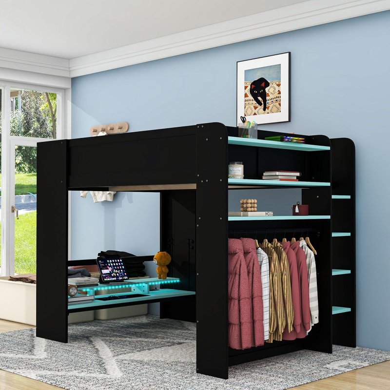 Full Wooden Loft Bed With Light Strip, Desk, USB Port And Ample Storage Space, Blue