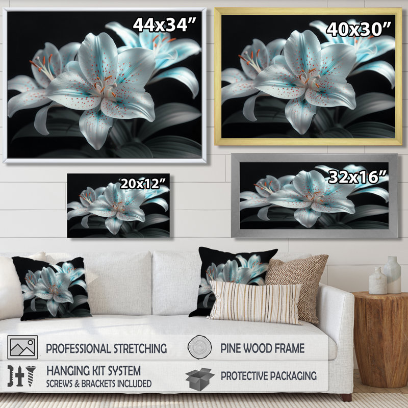 Photo moderne lys en verre blanc et bleu I - salon art mural lys, Cadre simple noir, H 24 po x l 32 po
