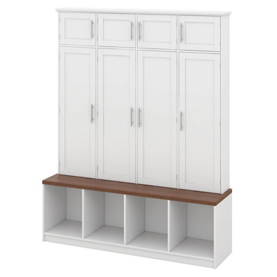 Arbre d'entrée de style campagnard, banc multifonctionnel, armoire à chaussures avec compartiments ouverts, 4 crochets de suspension et 8 portes
