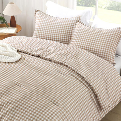 Tan Gingham Comforter Set Full(79x90Inch), Brown Checkered Grid Plaid Buffalo Bed Set for Kids Teens, 3 Pieces Lightweight Microfiber Geometric Preppy Bedding