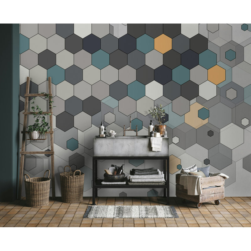 Papier peint géométrique moderne hexagonal gris sarcelle, L 50 po x l 75 po