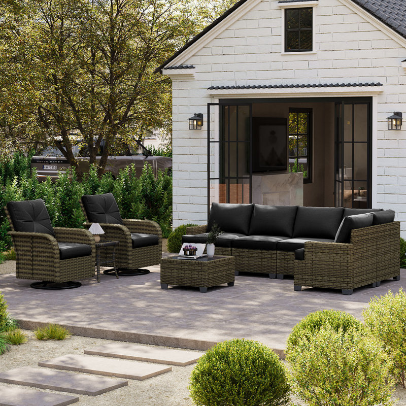Ensemble de patio 9 pièces en résine tressée PE avec coussins de 10 cm et chaises pivotantes, Beige