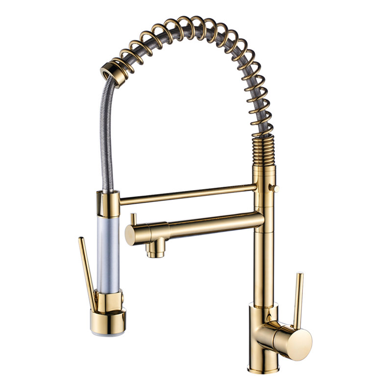 Élégant robinet d'évier de cuisine en or brossé avec levier rétractable, levier simple, poignée réglable vers le bas pour réglage du débit d'eau, rotation sur 360 °, expérience de lavage améliorée
