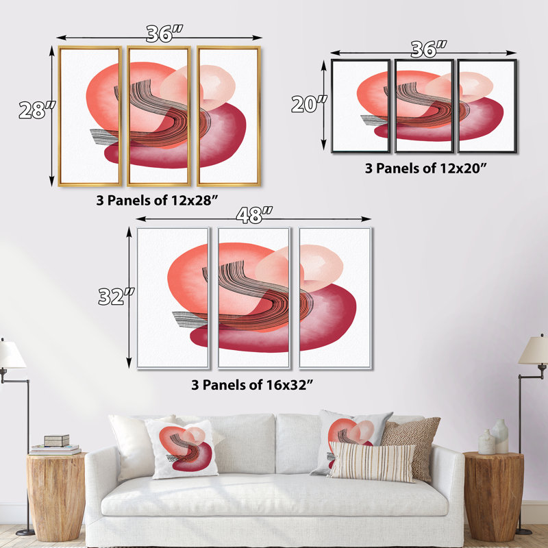 «Minimalistic Red and Pink Shapes II», reproduction de cadre flottant sur toile 3 pièces, H 28 po x l 36 po x P 1 po
