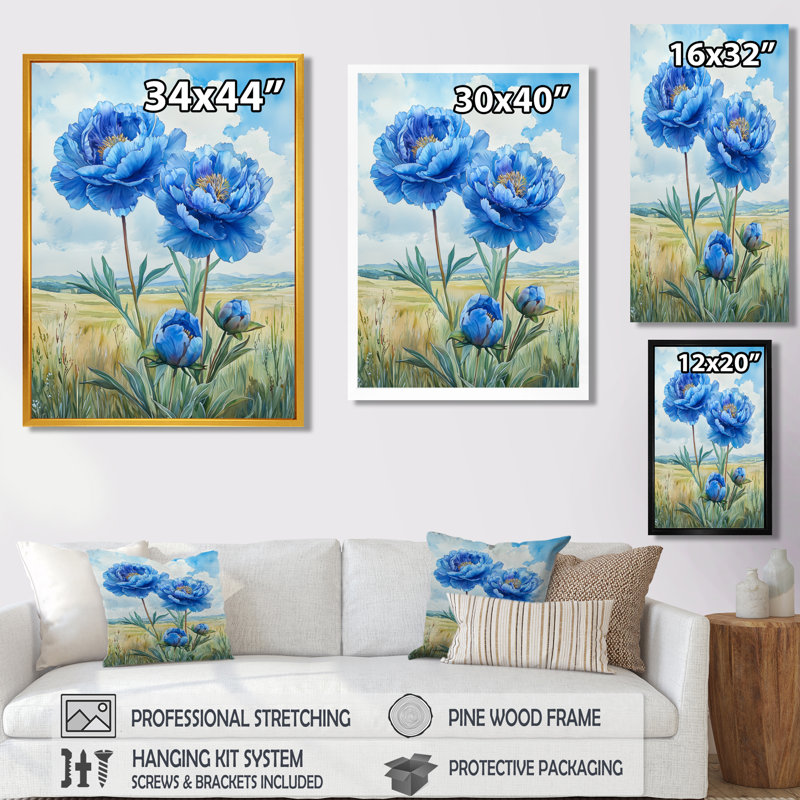 Océan bleu pivoines dans le champ III - pivoines, art mural sur toile, H 60 po x l 28 po, Reproduction avec cadre flottant