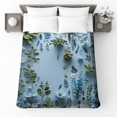 Blue Floral Arrangement Quilted Bedspread All Sizes