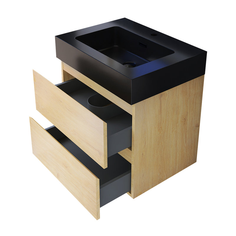 24 In. W Single Sink Wall Mounted Bath Vanity, Black, Oak