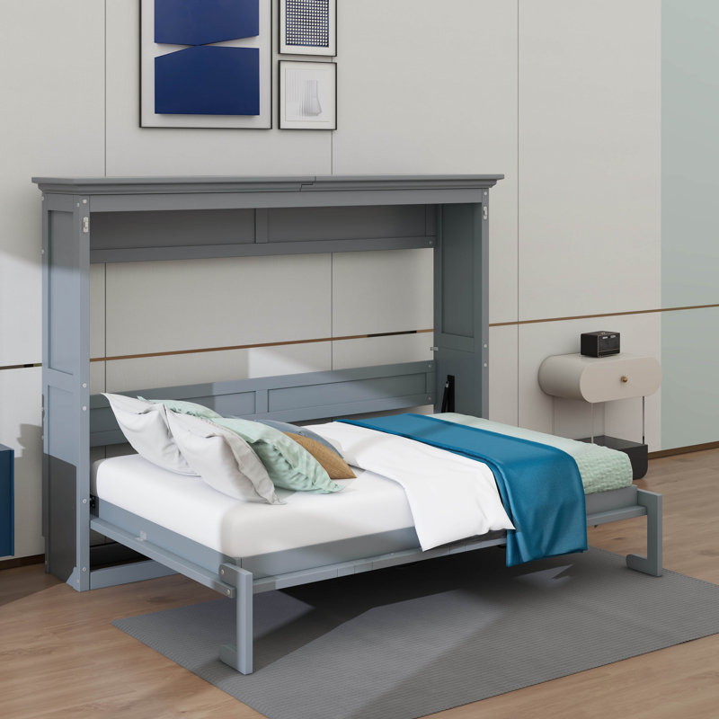 Lit escamotable horizontal Farmhouse, armoire de lit escamotable pliable, cadre de lit mural caché, Grey, Full