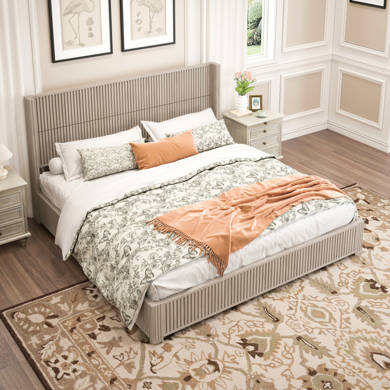 Structure de lit plateforme en bois massif avec tête de lit, aucun sommier nécessaire, Beige