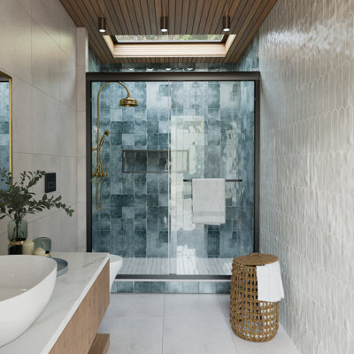 Porte de douche coulissante double semi-sans cadre, verre trempé de 1/4 po avec rouleaux doubles silencieux