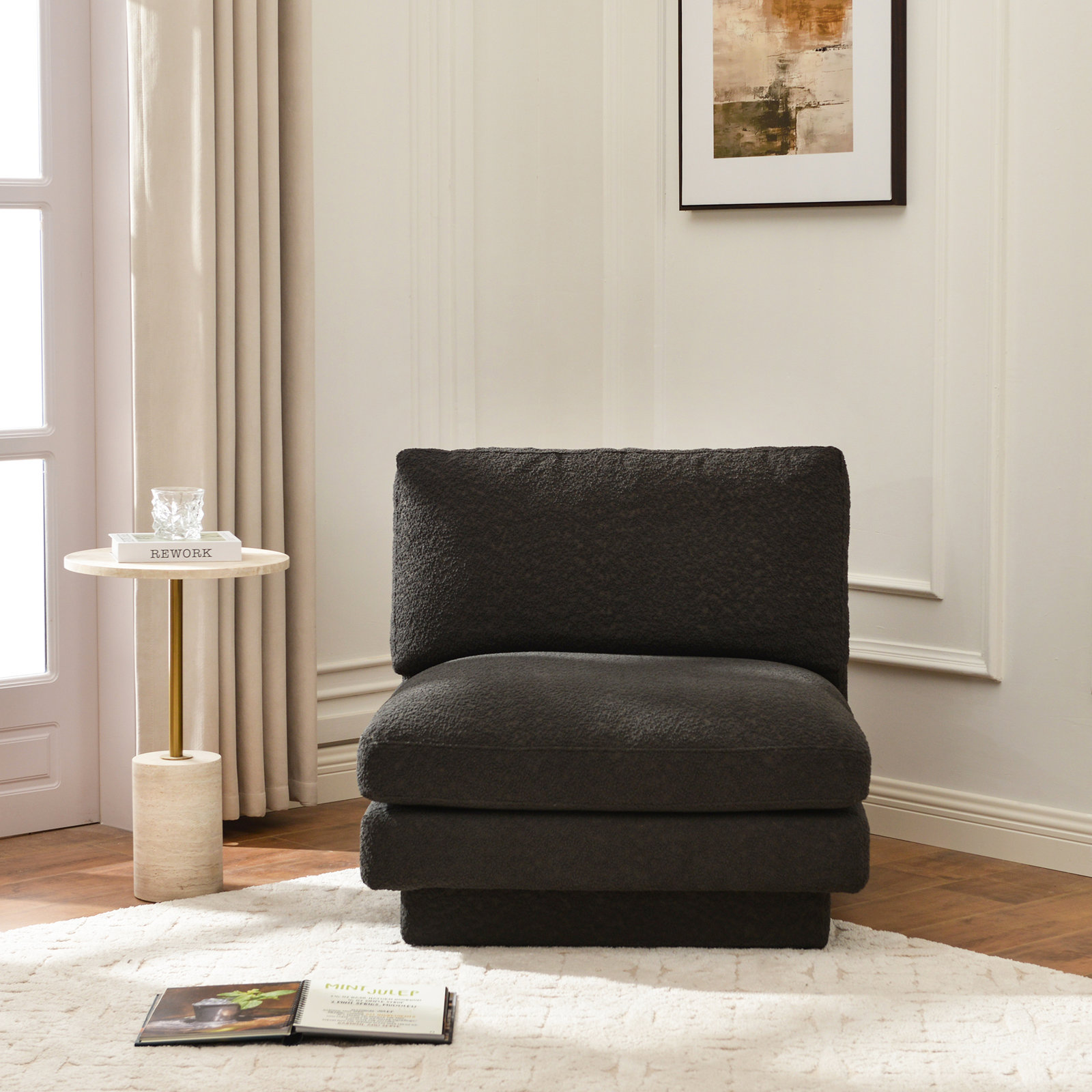 Woolf 34" Modern Boucle Upholstered Slipper Chair, Black Boucle