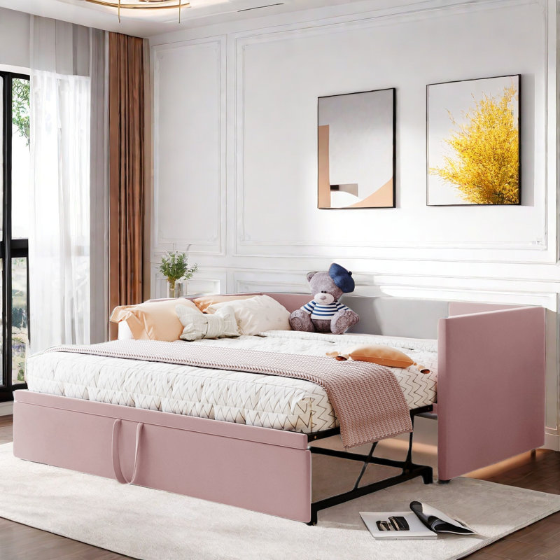 Upholstered Daybed With Pop Up Trundle, Pink