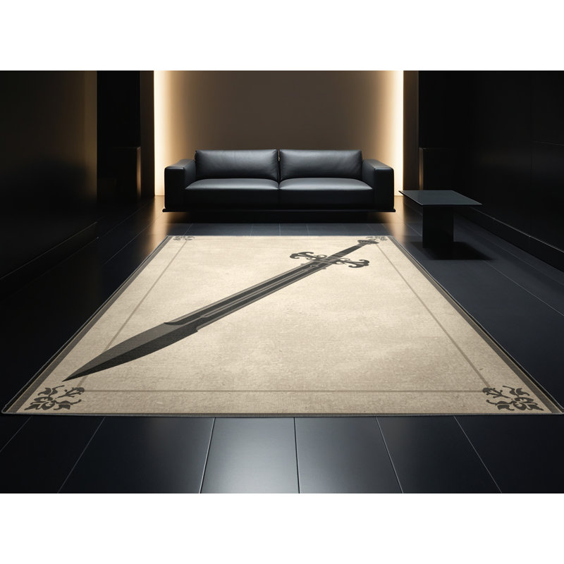 Machine Washable Barnesville Medieval Longsword Traditional Rug in Beige – Gray Binding, 4x6