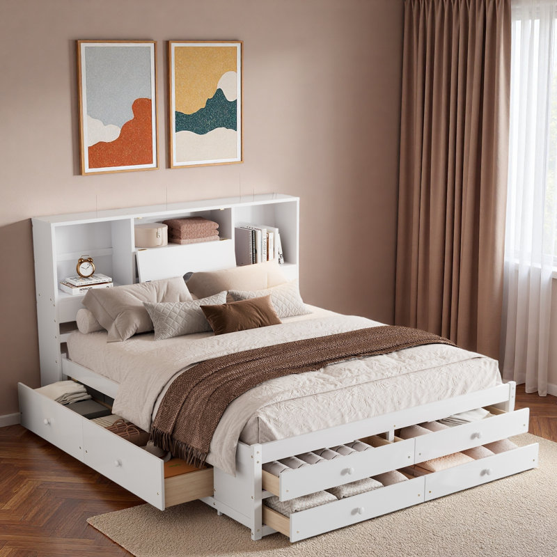 Lit plateforme avec tête de lit avec rangement et 8 tiroirs, Blanc, Grand lit