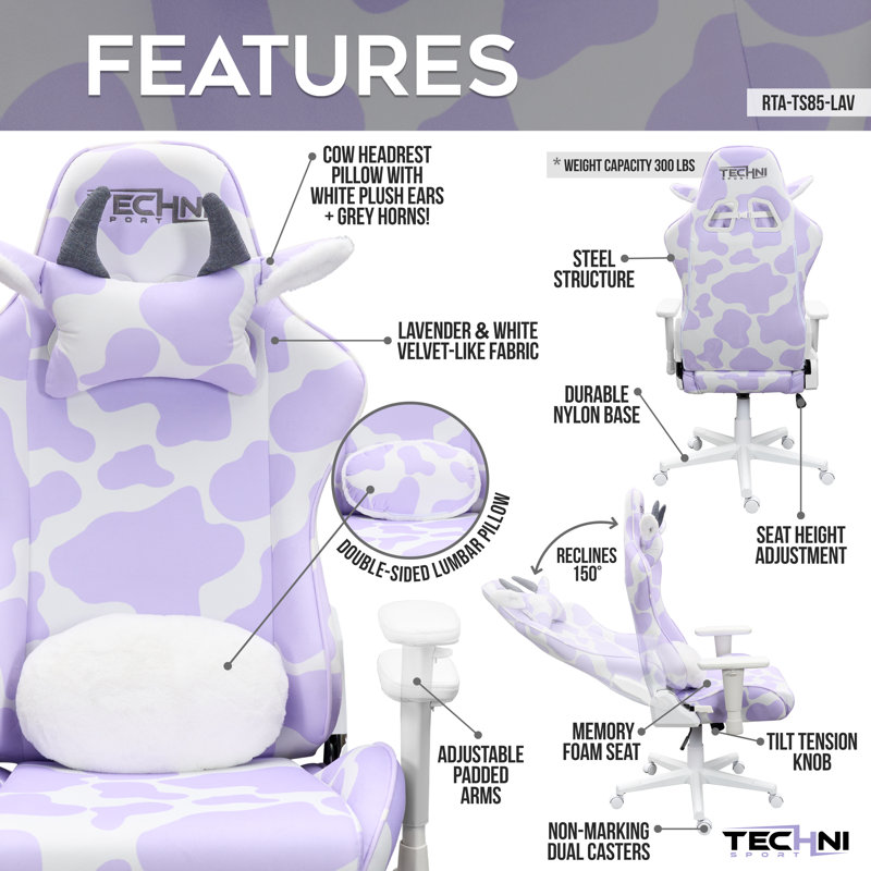 Techni Sport Adjustable Headrest and Reclining PC & Racing Game Chair, Purple