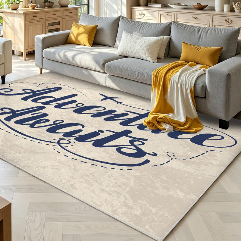 Tapis transparent transparent lavable à la machine avec lettres Modern Adventure, Rectangle 71 po x 98 po