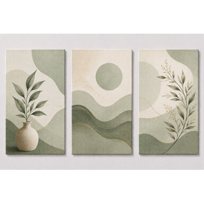 Très grand ensemble de 3 impressions sur toile botaniques minimalistes vert sauge pour décoration de salle de bain de chambre à coucher 24 x 36 pouces - prêt à accrocher