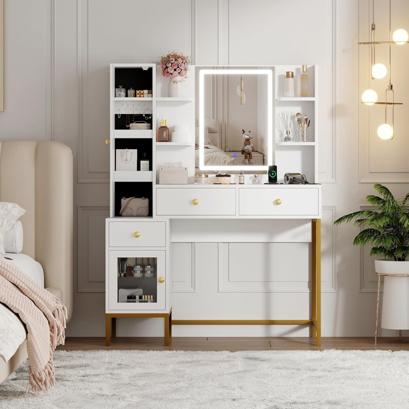 Makeup Vanity and Stool, Vanity Desk with Lights in 3 Colors, Vanity Table with Charging Station, Visible Cabinet with Led Lights