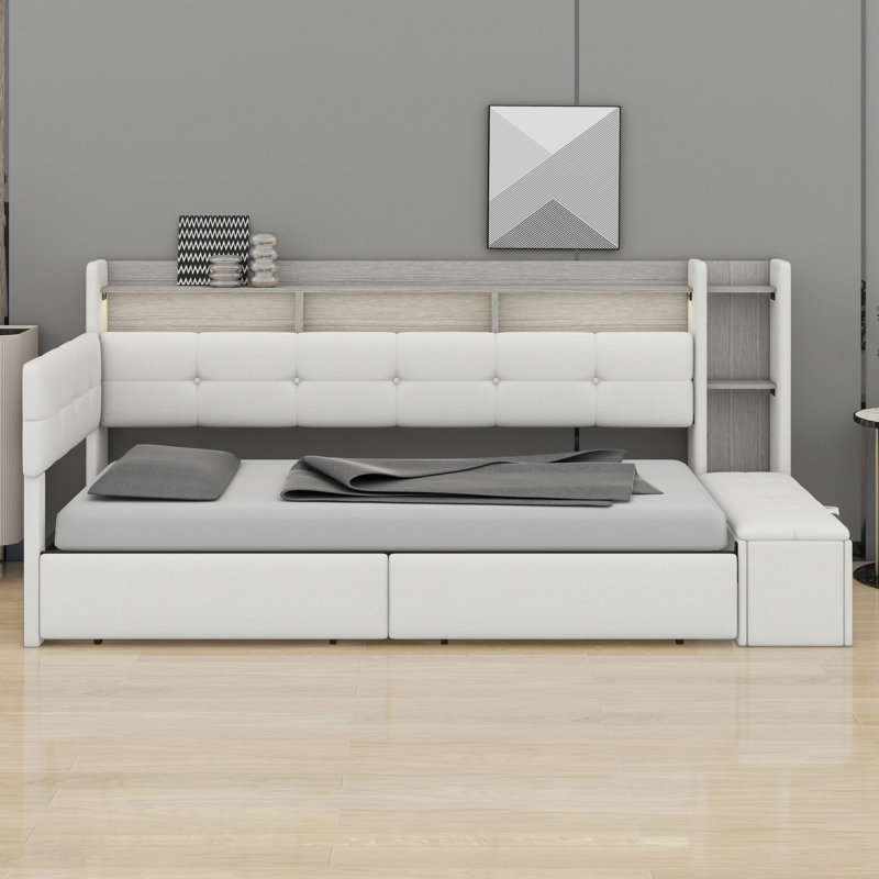 Modern Daybed with Integrated Storage, Lights & Charging Ports, Beige