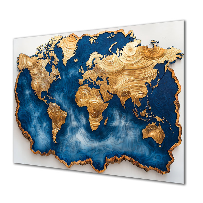 Sapphire World Map Wood Slide - Art mural en métal carte du monde, impression d'art moderne en métal, H 30 po x l 40 po