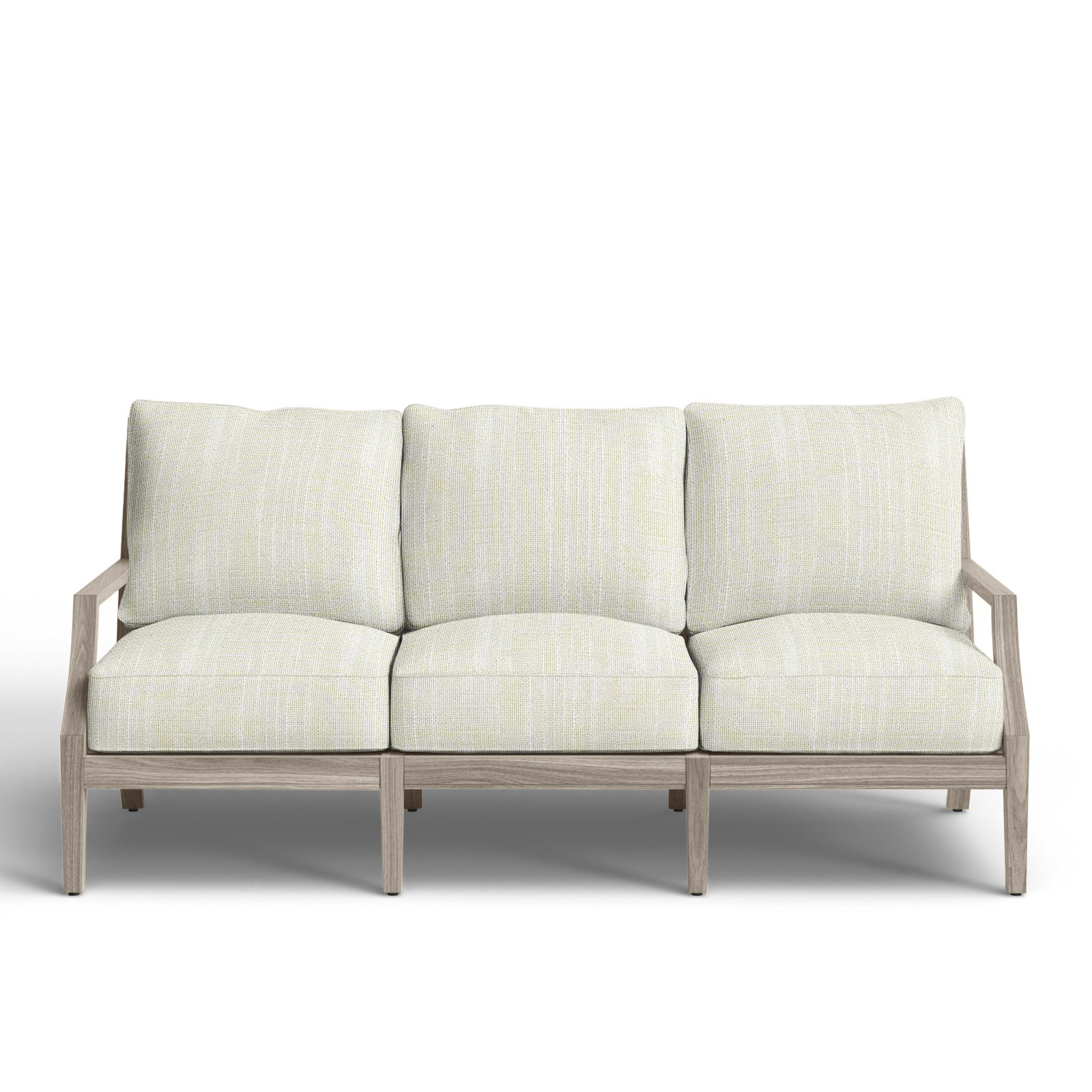 Haley Teak Patio Sofa with Cushions, Oyster Teak, No welt + Standard fill, Rollo Cream InsideOut® Linen