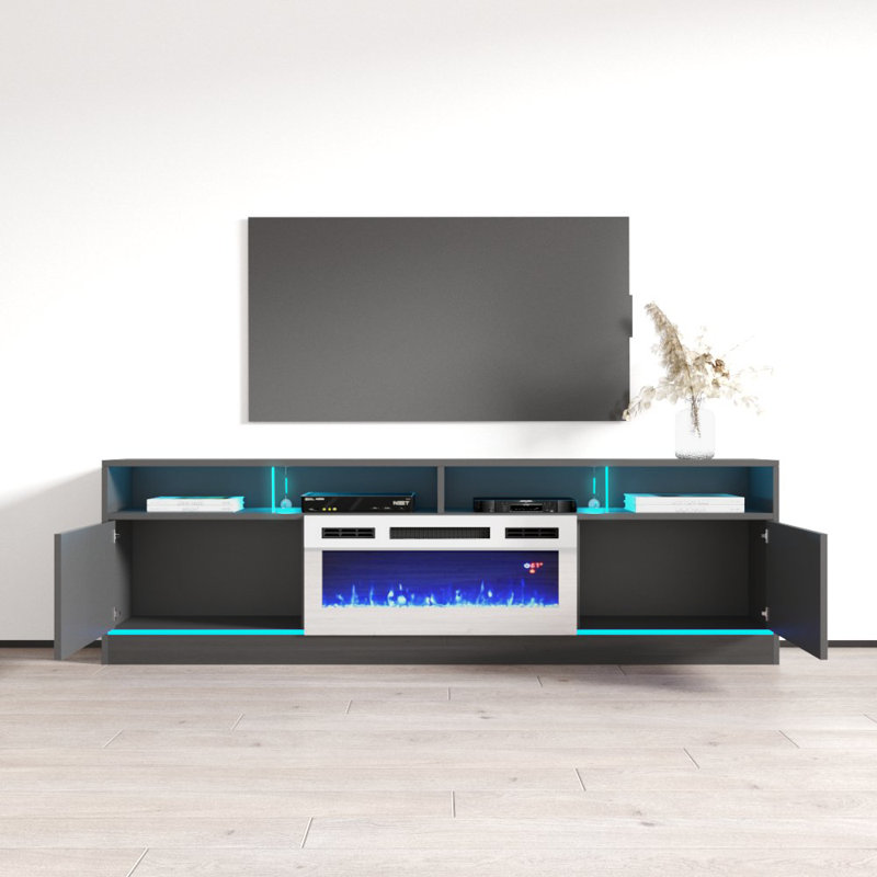 Alexin 78.7" Modern TV Stand with Electric Fireplace, High Gloss Finish, Media Storage, Gray/White