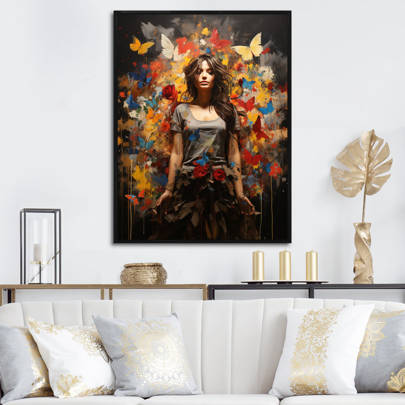 «Hippie Woman Renaissance Botanicals I», Cadre flottant noir, H 44 po x l 34 po x P 1,5 po