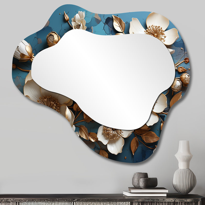 Or blanc doré et fleurs d'orchidées bleues II - grand miroir mural nuage floral, miroir décoratif asymétrique doré, impression sur métal