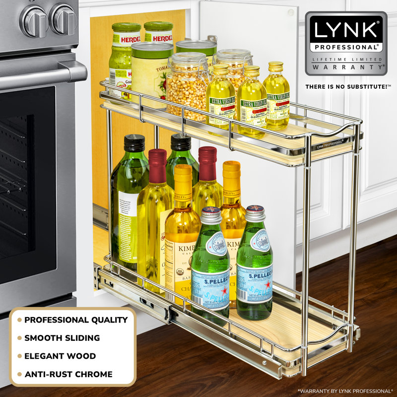 Expandable Chrome and Wood 2-Tier Pull-Out Spice Rack