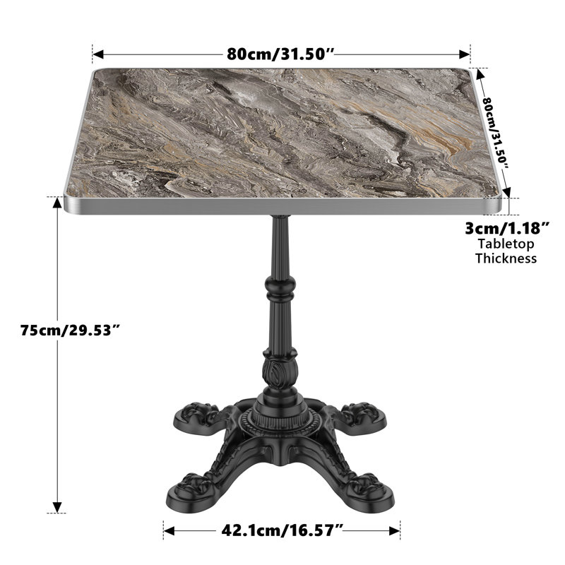 Table de jardin carrée en pierre frittée avec piètement robuste en fonte, 29.53" H x 31.5" W x 31.5" D