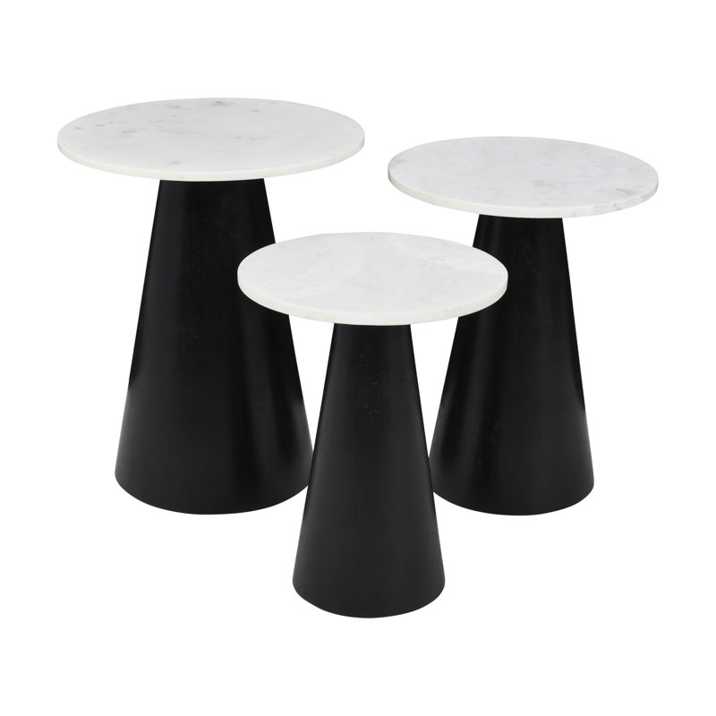 Topher Marble Top Three Pack Solid Wood Accent Table Set, Black