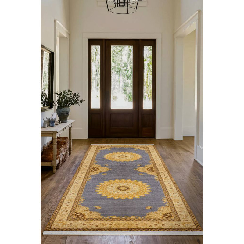 Girvin Yellow Gray Oriental Machine Printed Cotton Polyester Area Rug, Round 3'4"