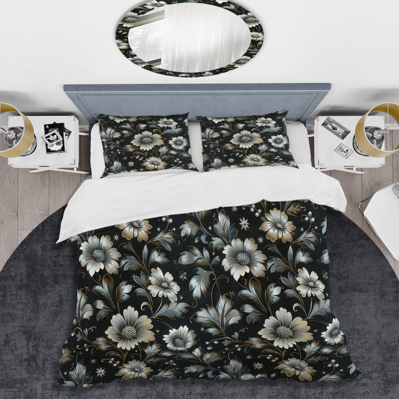Ensemble de housse de couette Black Silver Flower Gardens - Glam, Housse de couette très grand + 2 taies décorativ