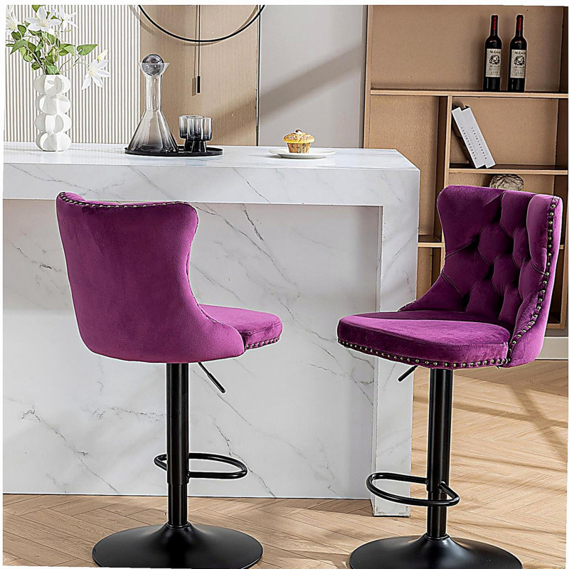 Purple Adjustable Height Swivel Metal Pedestal Bar Stools with Footrest, Purple, Black