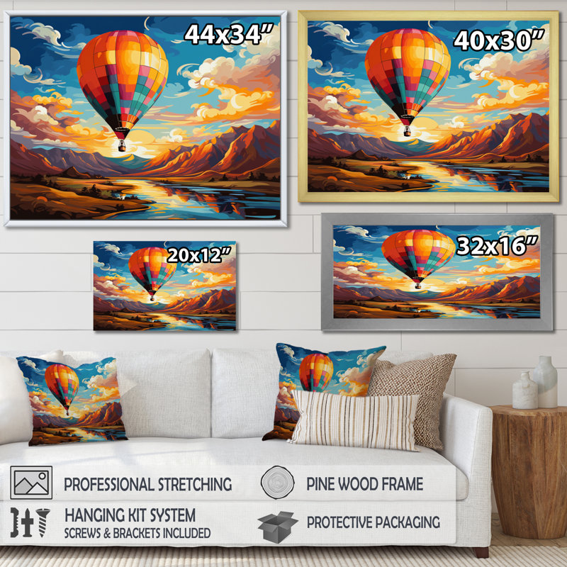 «Orange Hot Air Ballon», impression sur toile encadrée, H 34 po x l 44 po x P 1,5 po, Encadrement doré