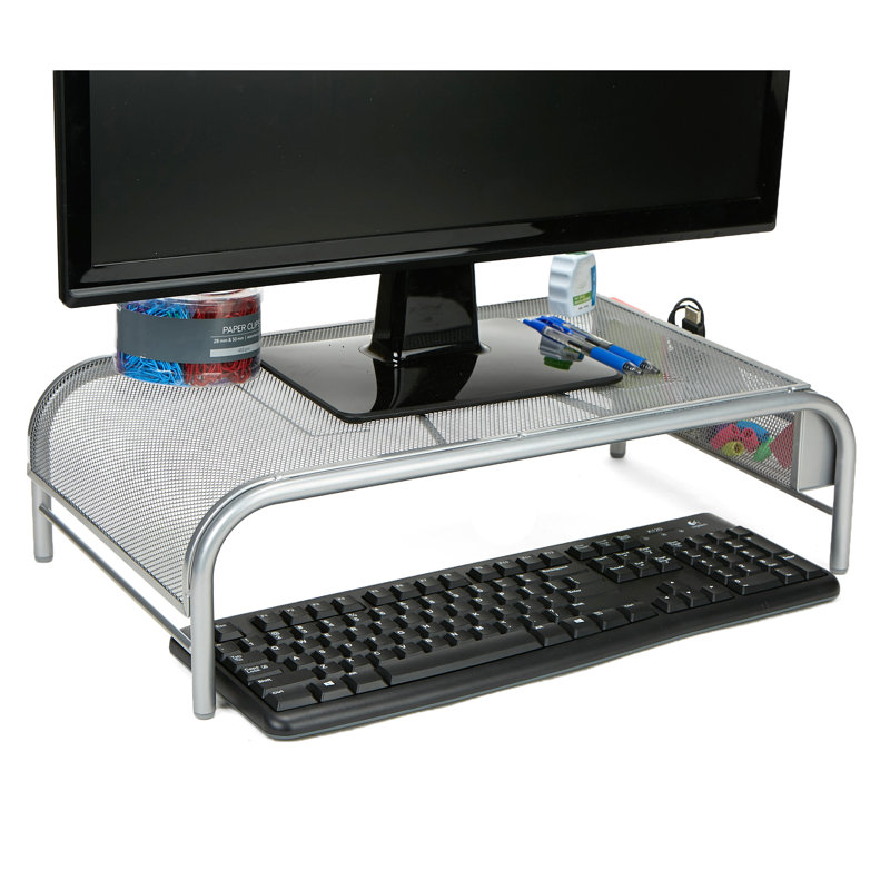 Silver Metal Mesh Monitor Stand with Side Storage