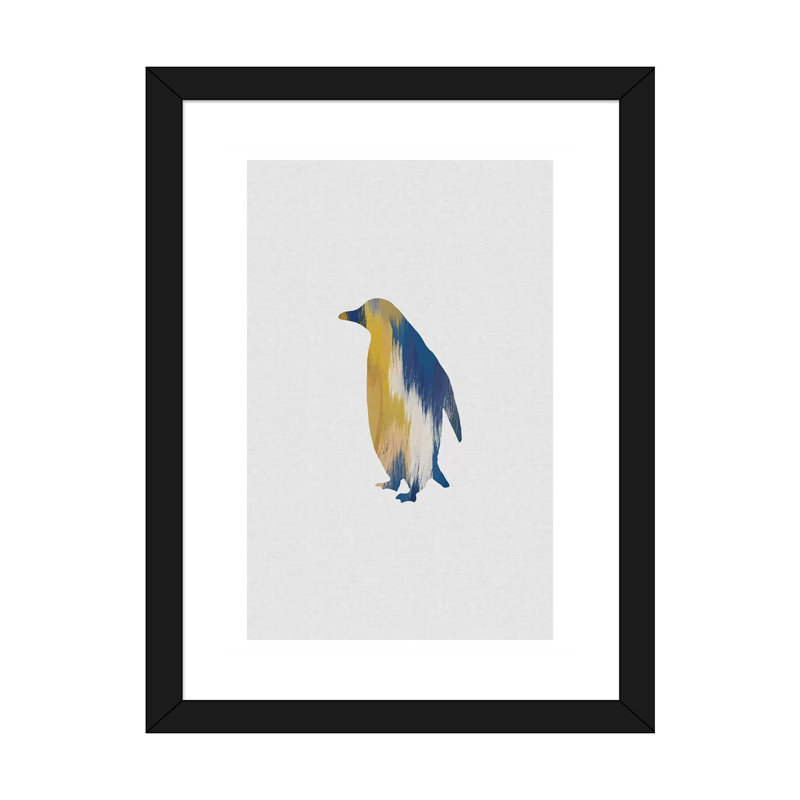 Pingouin bleu et jaune - impression d'art graphique, H 24 po x l 16 po x P 1 po, Papier encadré noir