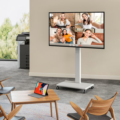 42-75" Mobile Tv Stand With Hand Crank Lift, 90° Rotating Portrait/landscape, White
