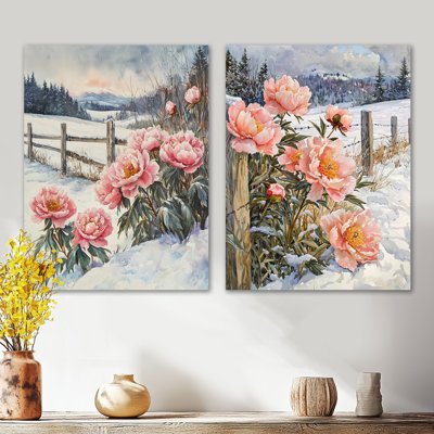 Pivoine hivernale dans un pâturage enneigé I - Nature, ensemble d'art mural en métal, ensemble de 2