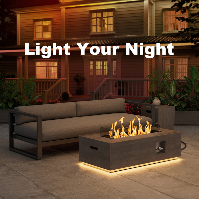 12.6’’ H X 42’’ W Metal Propane Outdoor Gas Fire Pit Table With Golden Light, Light Brown