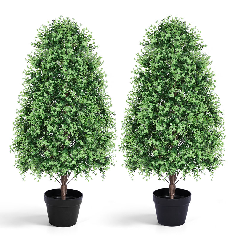 Arbre en pot PE bicolore vert à petites feuilles rondes de 90 cm (3 pi) avec pot rond noir