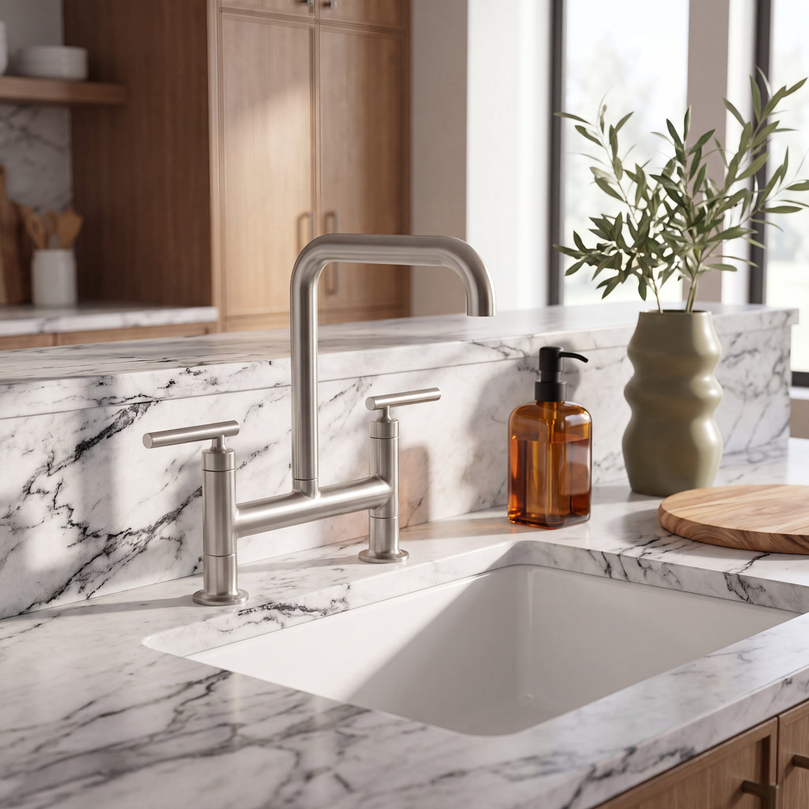 Purist Two-Hole Deck-Mount Bridge Kitchen Sink Faucet, Vibrant Stainless