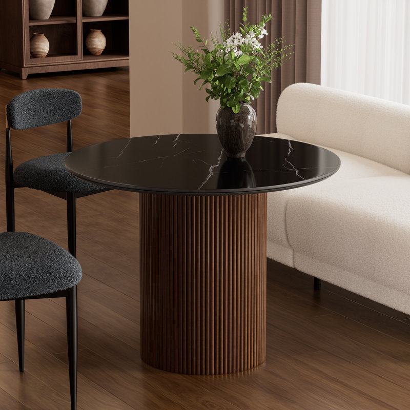 Table de salle à manger ronde en faux marbre avec base cannelée en bois, H 30 po x L 42 po x l 42 po, Noir, Noyer