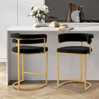 Tabourets de bar modernes en velours avec dossier tonneau, siège rembourré et repose-pieds en métal - hauteur de siège de 25,6 po, idéal pour les comptoirs, les bars à domicile et les îlots de cuisine