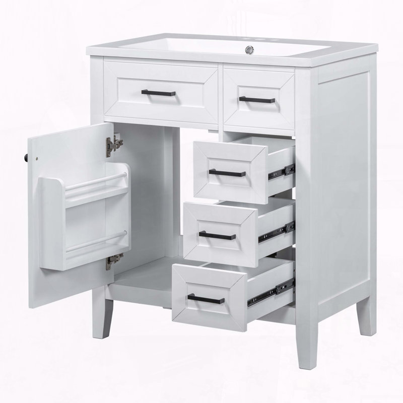 Meuble-lavabo en bois massif 30 po avec lavabo, armoire avec tiroirs et tablette de porte, White